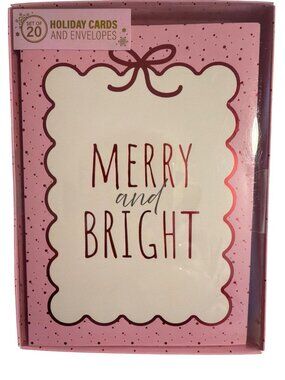 Set 20 Merry Bright Holiday Greeting Cards Envelopes Pink Red Bows Polka Dot NEW